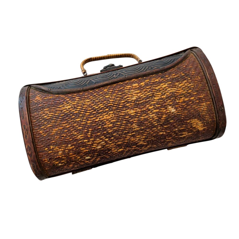 Vintage Handmade Bamboo Wooden Purse Bag Etched Woven Clutch Hard Sided